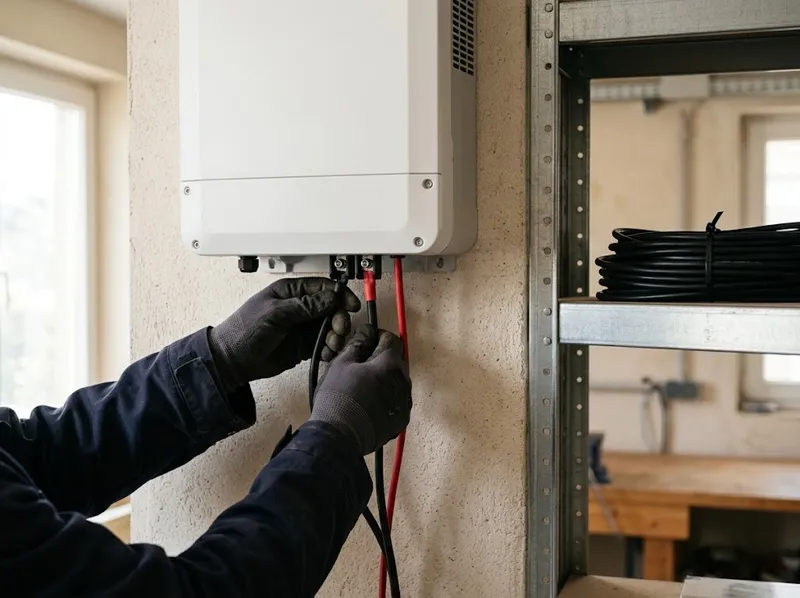 Mãos de um técnico a verificar a cablagem de um inversor solar