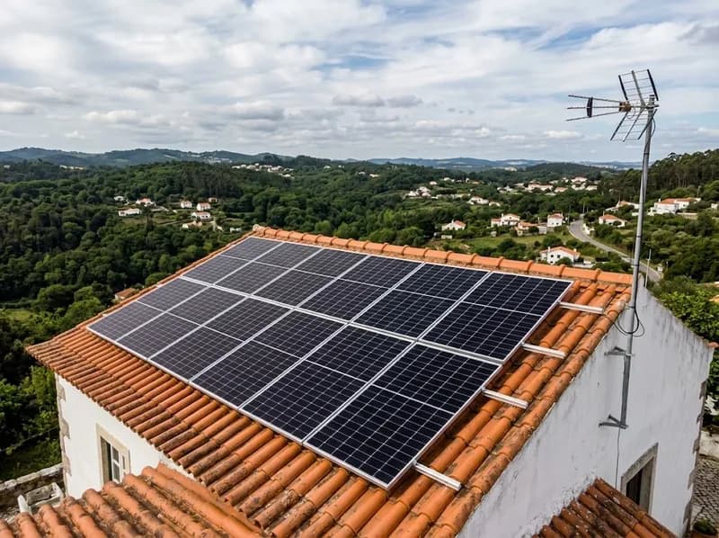 Painéis solares num telhado de telha de uma moradia